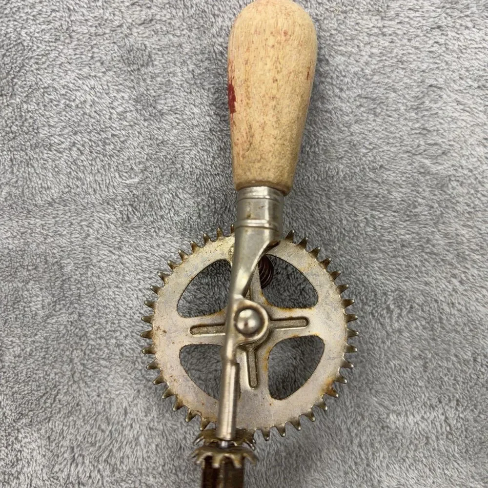 Vintage A & J Red Handle Egg Beater Hand Mixer Made in America Steel Works 1923